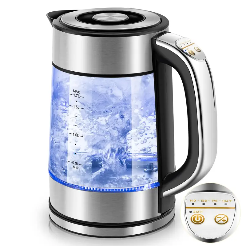 Pukomc Electric Tea Kettle with Keep Warm - 1.7 Litre Glass Electric Kettle Fast Heating with Automatic Power Off, Wide Openi...