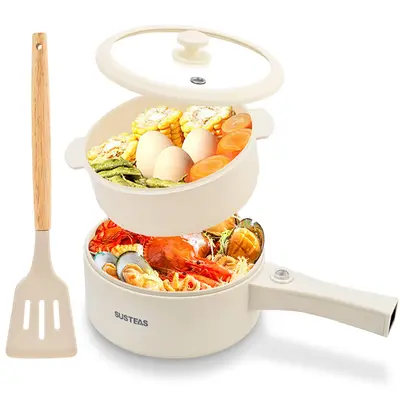 SUSTEAS 1.5L Cream Electric Hot Pot With Steamer-350W/700W Dual Power Ramen Cooker, Non-Stick Frying Pan, Electric Saucepan f...