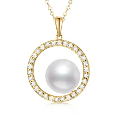 9K Gold Moissanite & Pearl Circle Pendant Necklace
