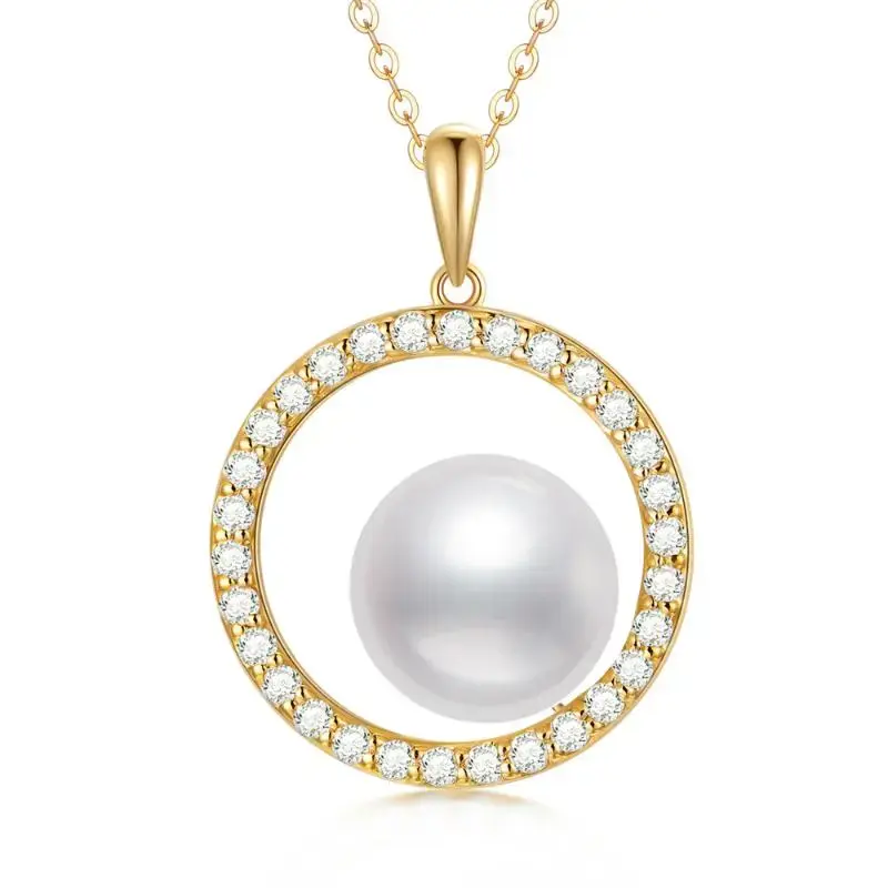 9K Gold Moissanite & Pearl Circle Pendant Necklace