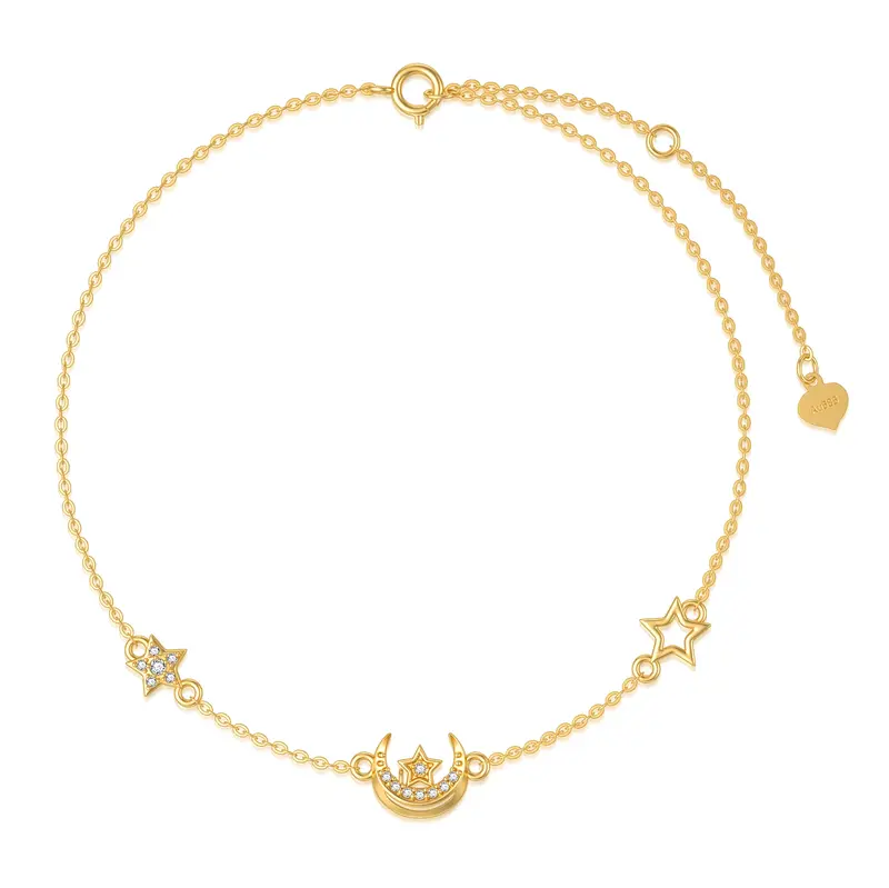 14K Gold Cubic Zirconia Moon & Pentagram Charm Bracelet