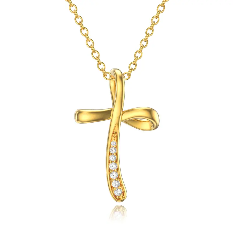 14K Gold Round Cubic Zirconia Cross Pendant Necklace