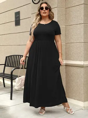 Women's Round Neck Stretchy Casual Long Plus Size Dress, Perfect for Bridesmaids, Vintage Style Wedding & Party Wear, Comfort...