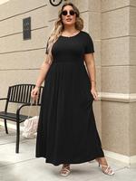 【Plus Size】 Striped Print / Plain Pocket Round Neck A Line Dress, Summer Clothes Women, Dresses for Women, Sundress Max...
