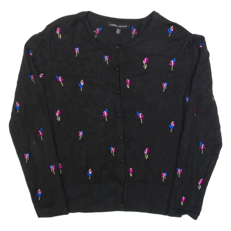 LAURA ASHLEY Womens Patterned Cardigan Black Floral Tight Knit UK 8