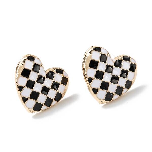 Black and White Checkerboard Heart Stud Earrings