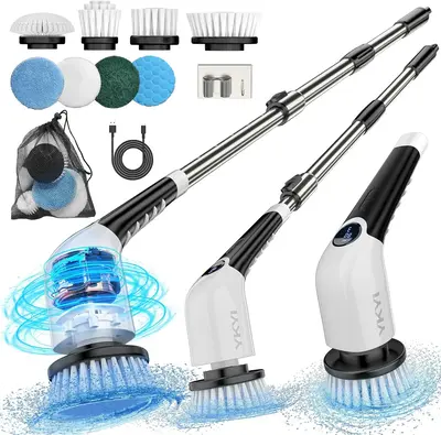 YKYI Electric Spin Scrubber with 8 Replaceable Brush Heads & 3 Adjustable Length Handles Portable Durable Cleaner for Bathroo...