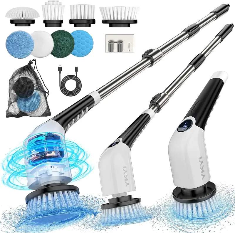 YKYI Electric Spin Scrubber with 8 Replaceable Brush Heads & 3 Adjustable Length Handles Portable Durable Cleaner for Bathroo...
