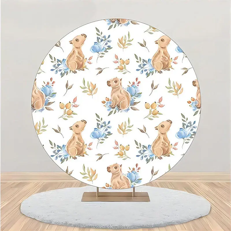 White Blue Floral Wombat Round Birthday Backdrop - Aperturee