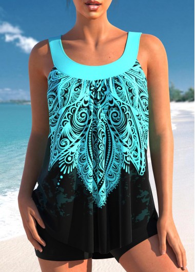 Modlily Cyan Tribal Print Wide Strap Tankini Set - S