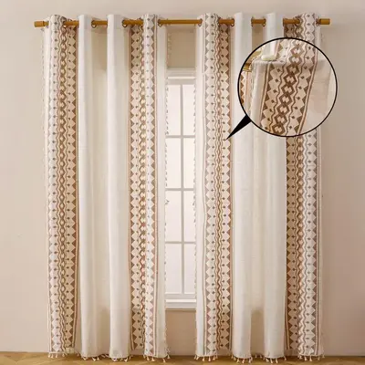 Boho Style Feather Embroidery Curtain, 1 Count Modern Simple Organic Cotton Window Curtain, Home Decorative Curtain for Livin...