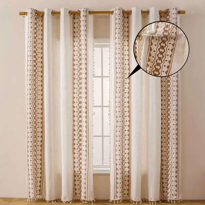 Boho Style Feather Embroidery Curtain, 1 Count Modern Simple Organic Cotton Window Curtain, Home Decorative Curtain for Livin...