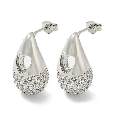 Teardrop with Heart Rack Plating Brass Stud Earrings with Cubic Zirconia