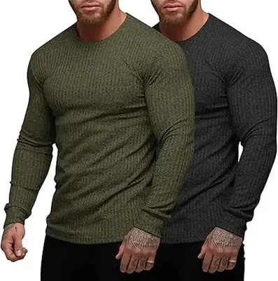 COOFANDY Men's 2 Pack Stretchy Muscle T-Shirt Long Sleeve Gym Workout Bodybuilding Training Tee Shirts Casual Hipster Tops Fa...
