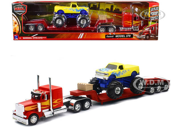 Peterbilt 379 Truck with Lowboy Trailer Red with Orange Flames and Monster Truck Yellow with Blue Flames \