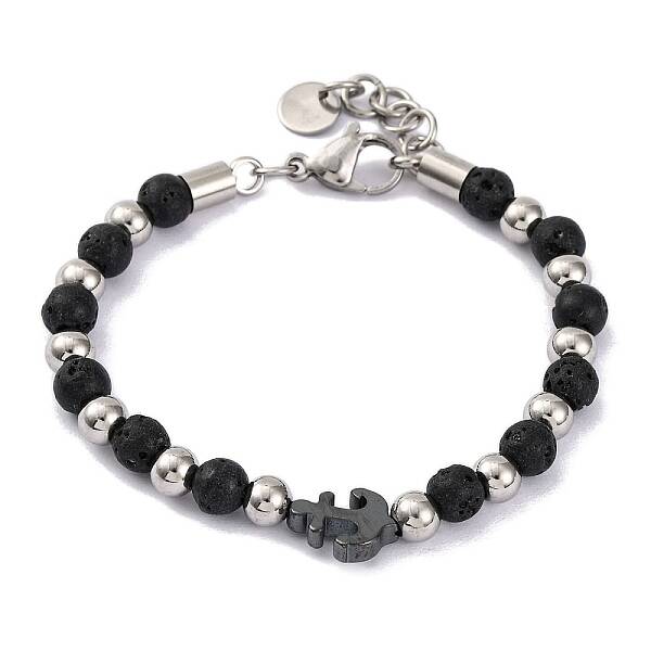 Natural Lava Rock & Synthetic Magnetic Hematite Anchor Beaded Bracelet