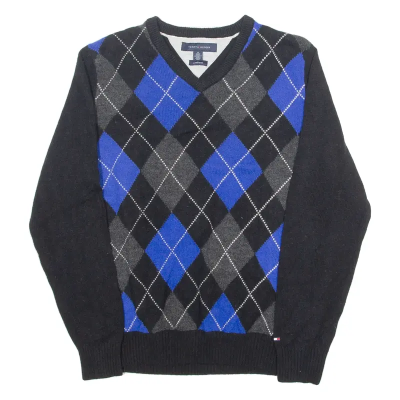 TOMMY HILFIGER Mens Patterned Jumper Black Argyle V-Neck Tight Knit Wool M