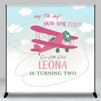 Custom Blue Sky Pink Airplane 2nd Birthday Backdrop - Aperturee