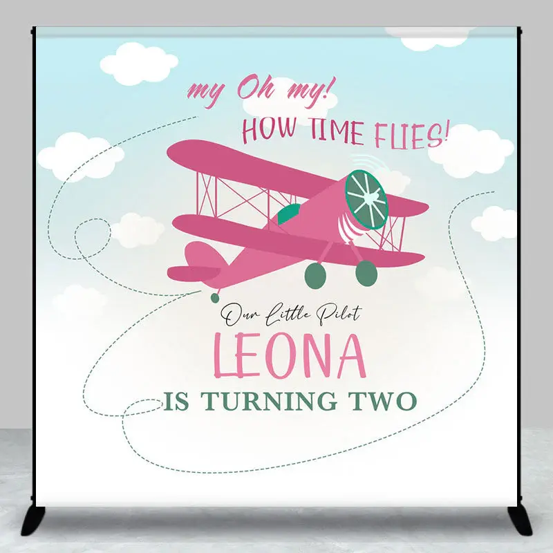 Custom Blue Sky Pink Airplane 2nd Birthday Backdrop - Aperturee