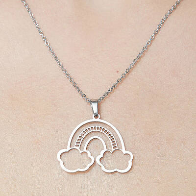 Non-Tarnish 201 Stainless Steel Hollow Rainbow & Cloud Pendant Necklace