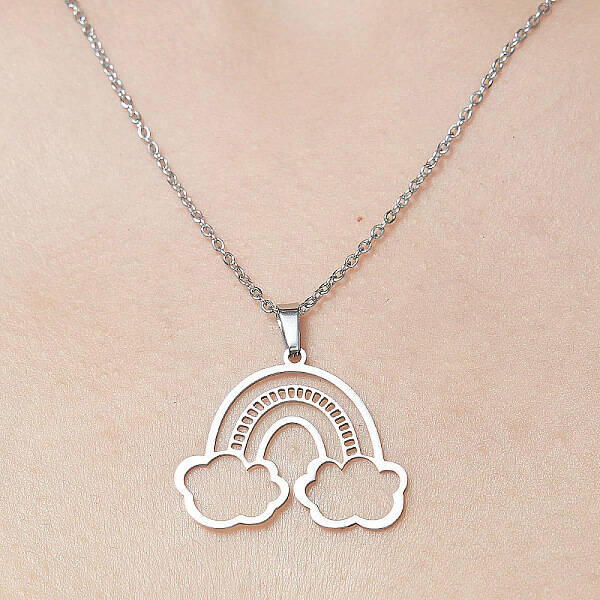 Non-Tarnish 201 Stainless Steel Hollow Rainbow & Cloud Pendant Necklace