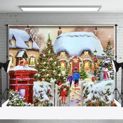 Sparkle Snowy House Child Merry Christmas Backdrop - Aperturee