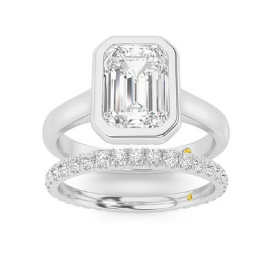 Secret Kiss Lab Grown Emerald Cut Diamond Engagement Ring with the Envoi Wedding Band | 18K White Gold 1 1/2 ct. tw.