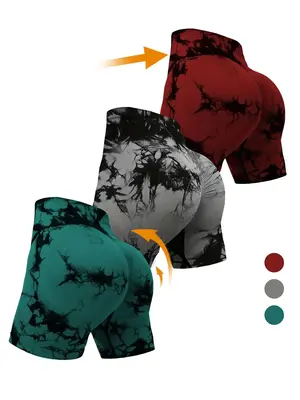 Women's 3pcs Multicolor Tie Dye Print High Waist Sports Short Leggings, Casual Comfy Breathable Biker Shorts For Yoga Gym Wor...