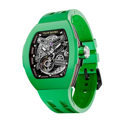 TSAR BOMBA Men's Automatic Skeleton Watch | Interchangeable Luxury Design | Green | Atomic TB8218 | Fluororubber