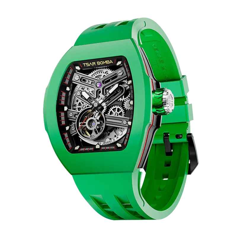 TSAR BOMBA Men's Automatic Skeleton Watch | Interchangeable Luxury Design | Green | Atomic TB8218 | Fluororubber