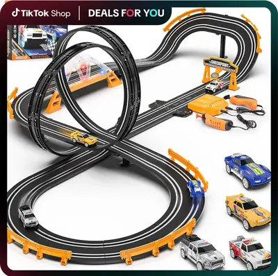 Slot Car Race Track Sets with 4 Slot Cars, Electric Race Car Track Include Slope Circular Overpass Track, Dual Racing Game Fe...
