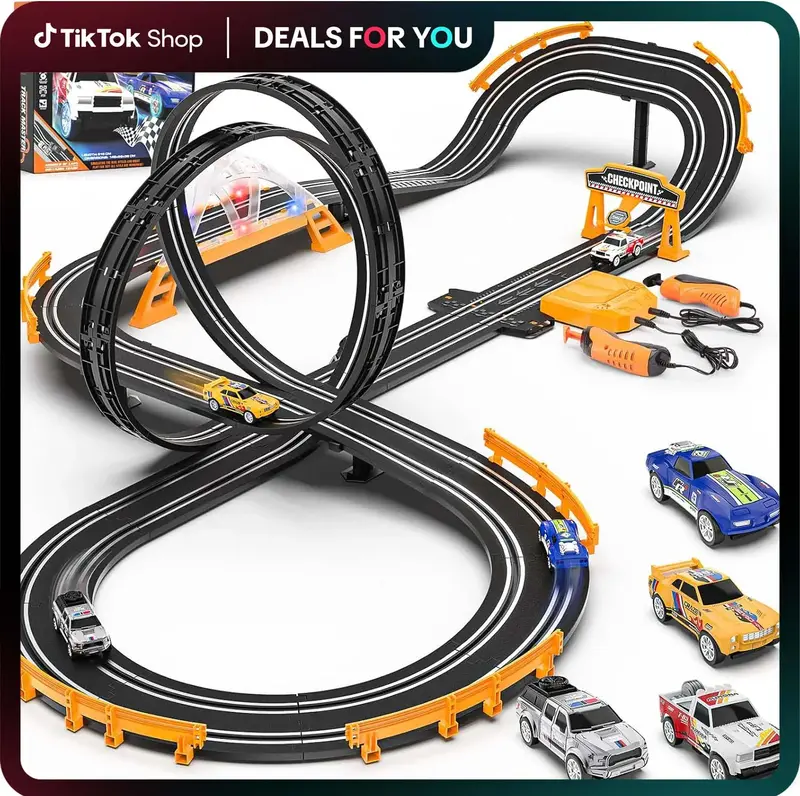 Slot Car Race Track Sets with 4 Slot Cars, Electric Race Car Track Include Slope Circular Overpass Track, Dual Racing Game Fe...