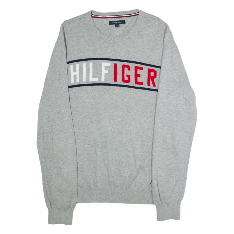 TOMMY HILFIGER Mens Jumper Grey Crew Neck Tight Knit L