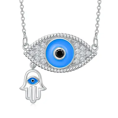 Sterling Silver Round Zircon Devil's Eye & Hand Of Fatima Pendant Necklace