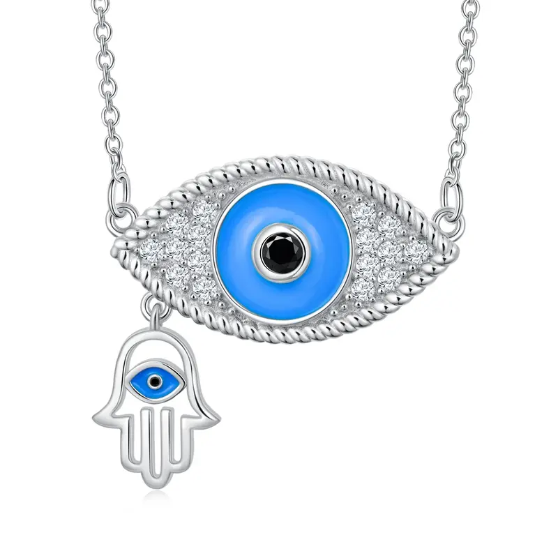 Sterling Silver Round Zircon Devil's Eye & Hand Of Fatima Pendant Necklace