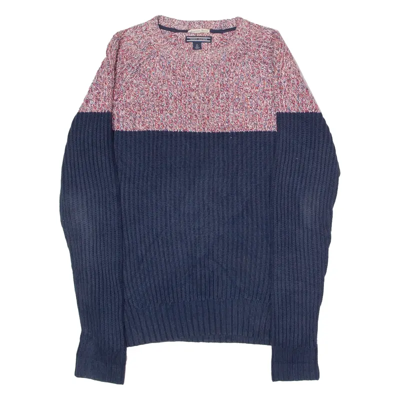 TOMMY HILFIGER Boys Patterned Jumper Blue Colourblock Crew Neck Chunky Knit 12Y
