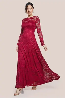 Goddiva Scalloped Lace A-Line Maxi Dress - Wine