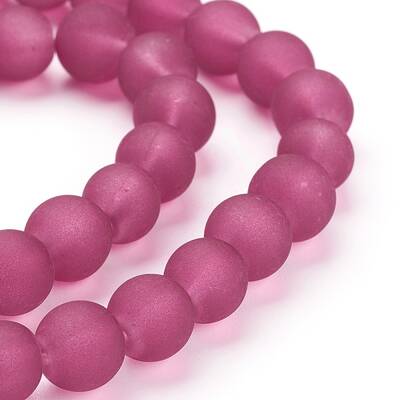 Medium Violet Red Frosted Round Transparent Glass Bead Strands