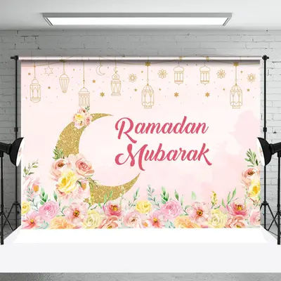 Pink Floral Golden Moon Ramadan Mubarak Backdrop - Aperturee