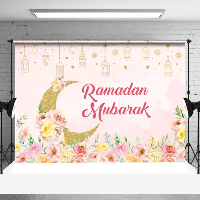 Pink Floral Golden Moon Ramadan Mubarak Backdrop - Aperturee
