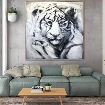 Large Abstract White Tiger Original Monochrome Painting On Canvas Modern Animal Texture Artwork White and Black Wall Art for ...