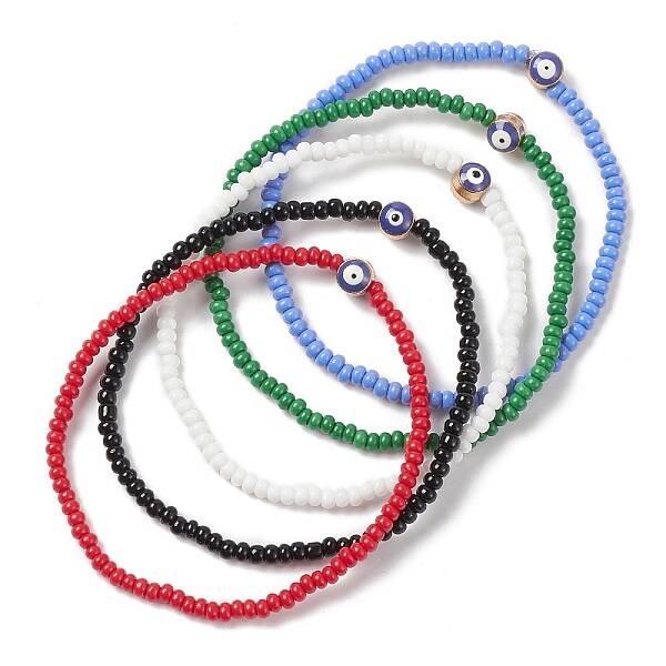Glass Seed & Alloy Enamel Evil Eye Beaded Stretch Bracelet