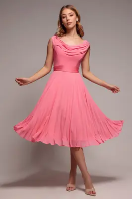 Goddiva Cowl Neck Pleated A-Line Chiffon Midi Dress - Coral