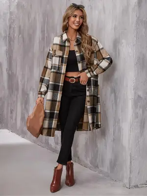 Women's Plaid Print Button Front Split Side Long Sleeve Warm Coat, Casual Style Comfort Loose Drop Shoulder Collared Outer...