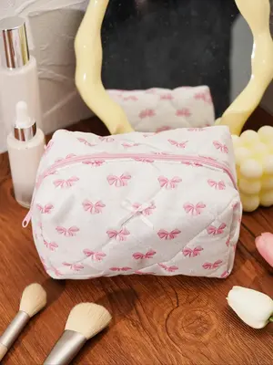 Bowknot Pattern Quilted Makeup Bag, Fashionable Cosmetic Storage Bag with Zipper Pouch, Travel Toiletry Bag for Women & Girls