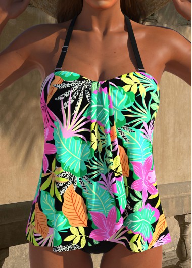 Modlily Cross Hem Floral Print Black Tankini Set - XXL