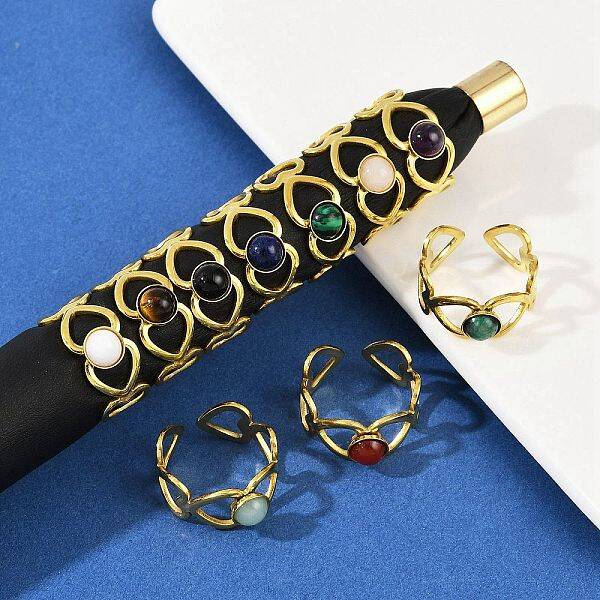 316 Stainless Steel with Natural Mixed Gemstone Cuff Rings