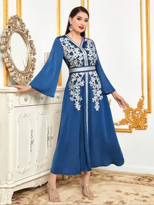 Women's Floral Embroidery Belted Dress, Elegant Long Sleeve Maxi Muslim Dress for Party Wedding Guest, Ladies Islamic Clothin...