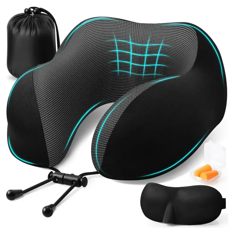 Travel Neck Pillow Set, 1 Portable Neck Pillow with 1 Eye Mask & 1 Pair Earplugs & 1 Storage Bag, Comfortable Neck Pillow Set