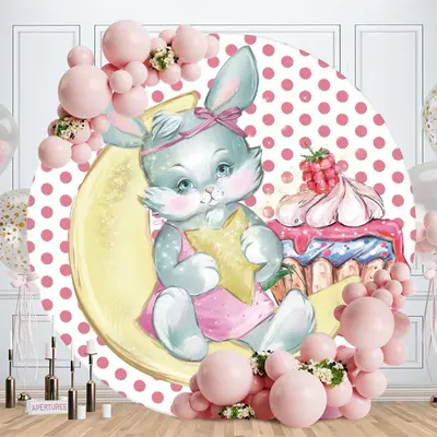 Aperturee Round Pink Rabbit Moon Happy Birthday Backdrop